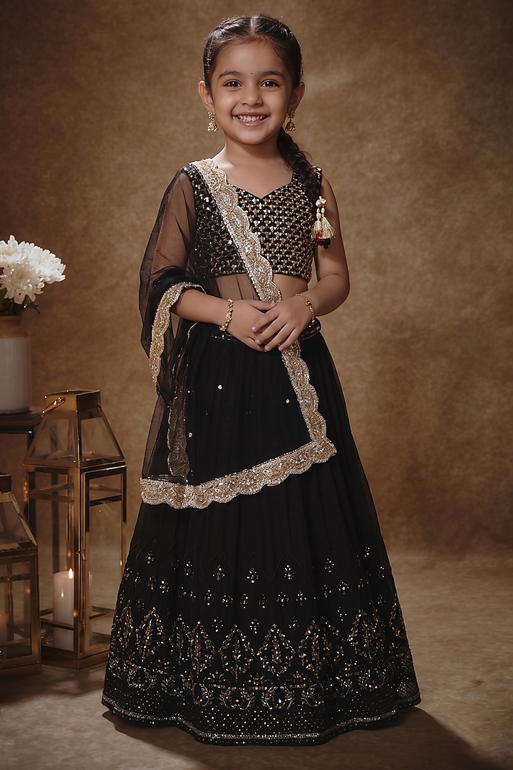 Black Viscose Georgette Embroidered Lehenga Set For Girls by Starflower by Renee Label at Pernia's Pop Up Shop