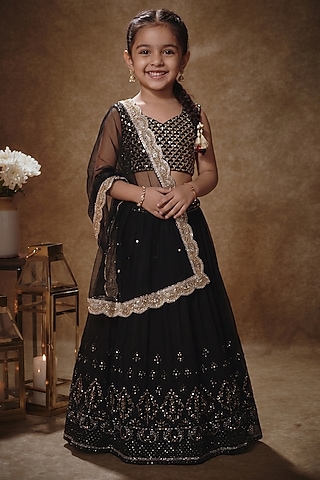 Black Viscose Georgette Embroidered Lehenga Set For Girls by Starflower by Renee Label