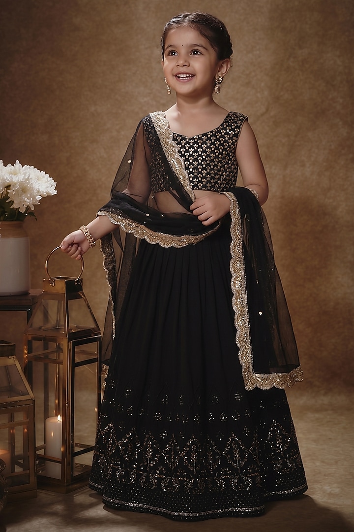 Black Viscose Georgette Embroidered Lehenga Set For Girls by Starflower by Renee Label at Pernia's Pop Up Shop