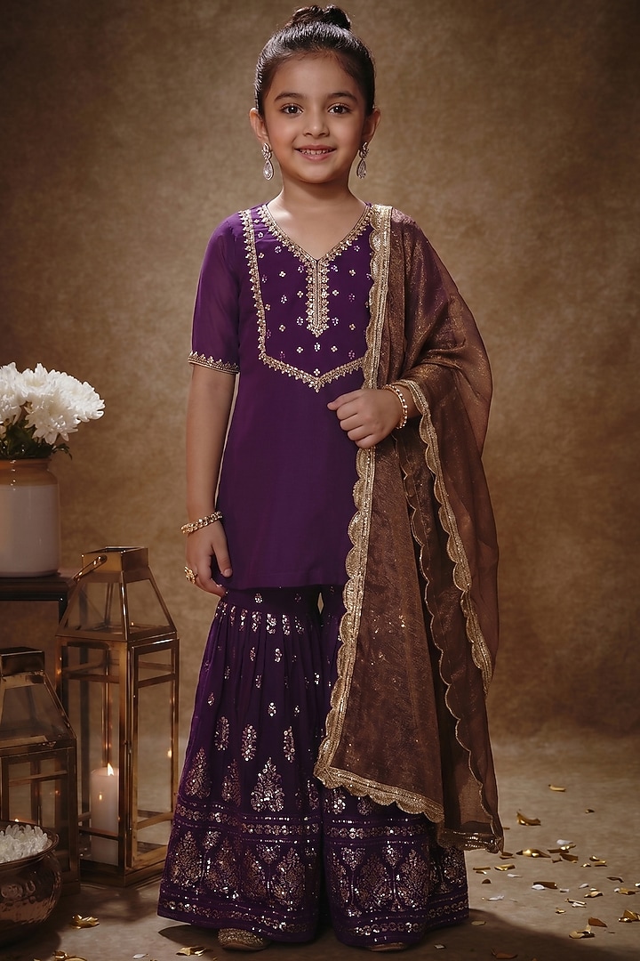 Royal Purple Viscose Georgette Embroidered Gharara Set For Girls by Starflower by Renee Label at Pernia's Pop Up Shop
