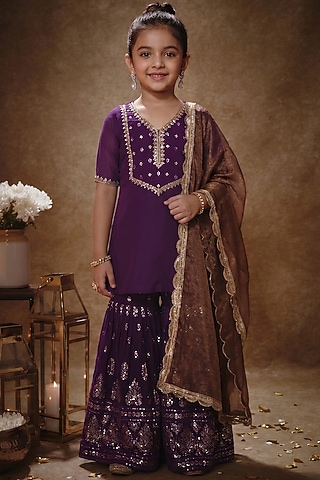 Royal Purple Viscose Georgette Embroidered Gharara Set For Girls by Starflower by Renee Label