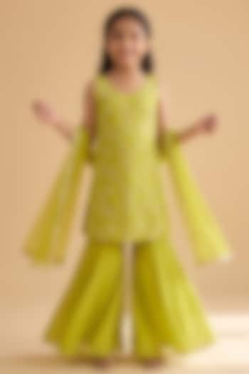 Green Viscose Georgette Sharara Set For Girls by Starflower by Renee Label at Pernia's Pop Up Shop