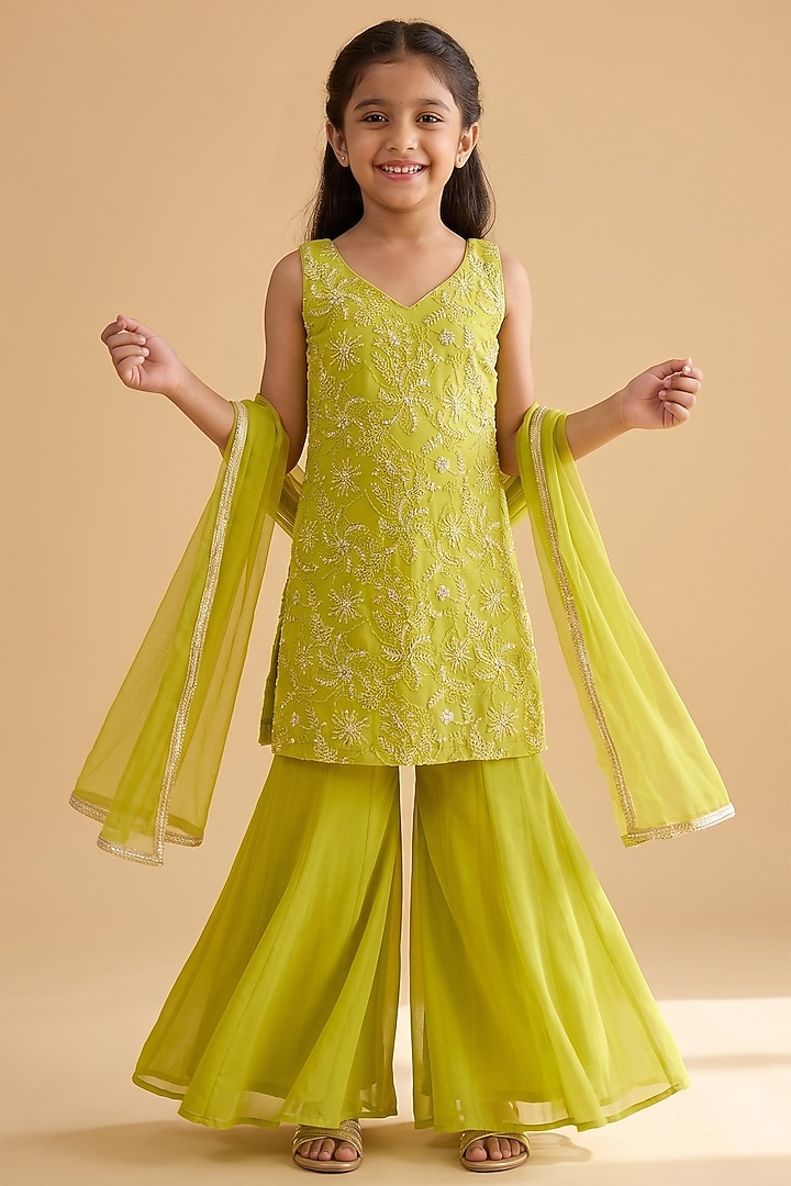 Green Viscose Georgette Sharara Set For Girls by Starflower by Renee Label at Pernia's Pop Up Shop