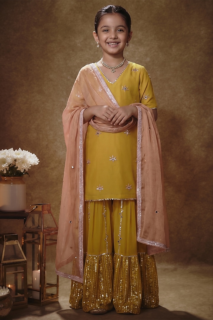 Citrine Yellow Viscose Georgette Embroidered Sharara Set For Girls by Starflower by Renee Label at Pernia's Pop Up Shop