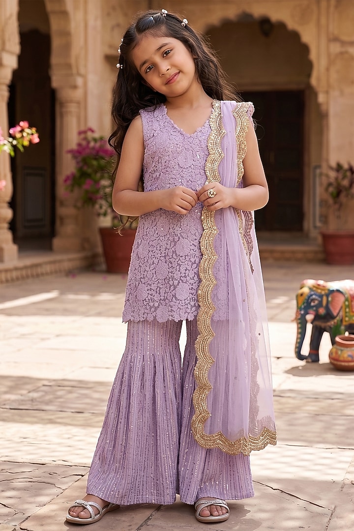Purple Viscose Georgette Machine Embroidered Sharara Set For Girls by Starflower by Renee Label at Pernia's Pop Up Shop