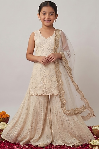 Ivory Viscose Georgette Embroidered Sharara Set For Girls by Starflower by Renee Label