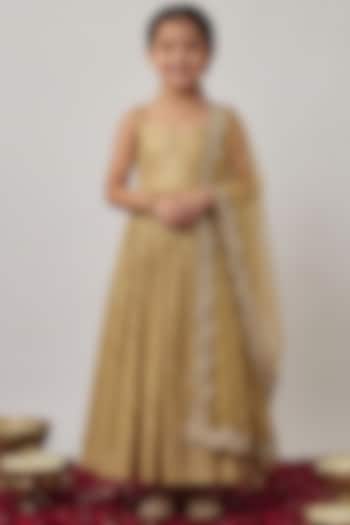 Gold Viscose Georgette Thread Embroidered Anarkali Set For Girls by Starflower by Renee Label at Pernia's Pop Up Shop