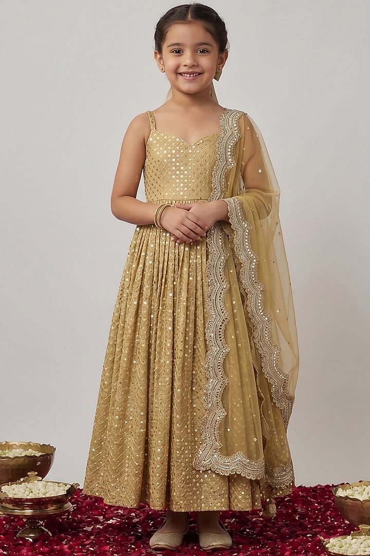 Gold Viscose Georgette Thread Embroidered Anarkali Set For Girls by Starflower by Renee Label at Pernia's Pop Up Shop