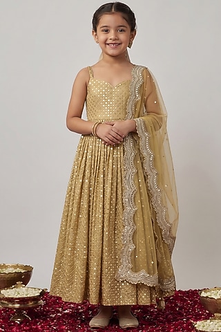 Gold Viscose Georgette Thread Embroidered Anarkali Set For Girls by Starflower by Renee Label