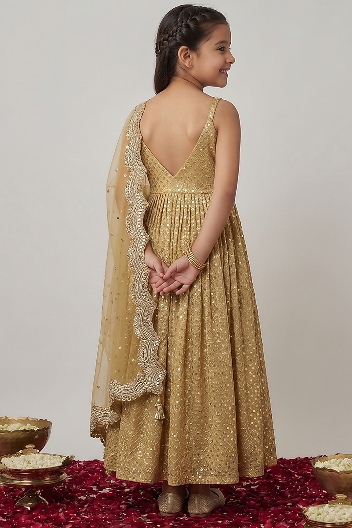 Gold Viscose Georgette Thread Embroidered Anarkali Set For Girls by Starflower by Renee Label at Pernia's Pop Up Shop