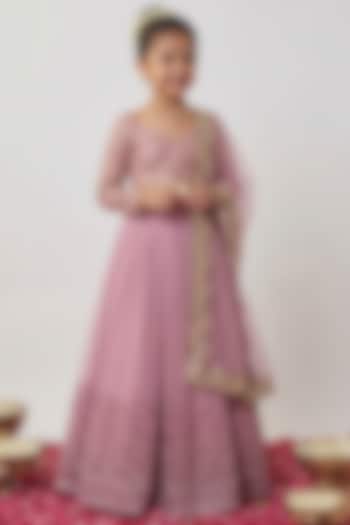 Mauve & Gold Soft Net Embroidered Lehenga Set For Girls by Starflower by Renee Label at Pernia's Pop Up Shop