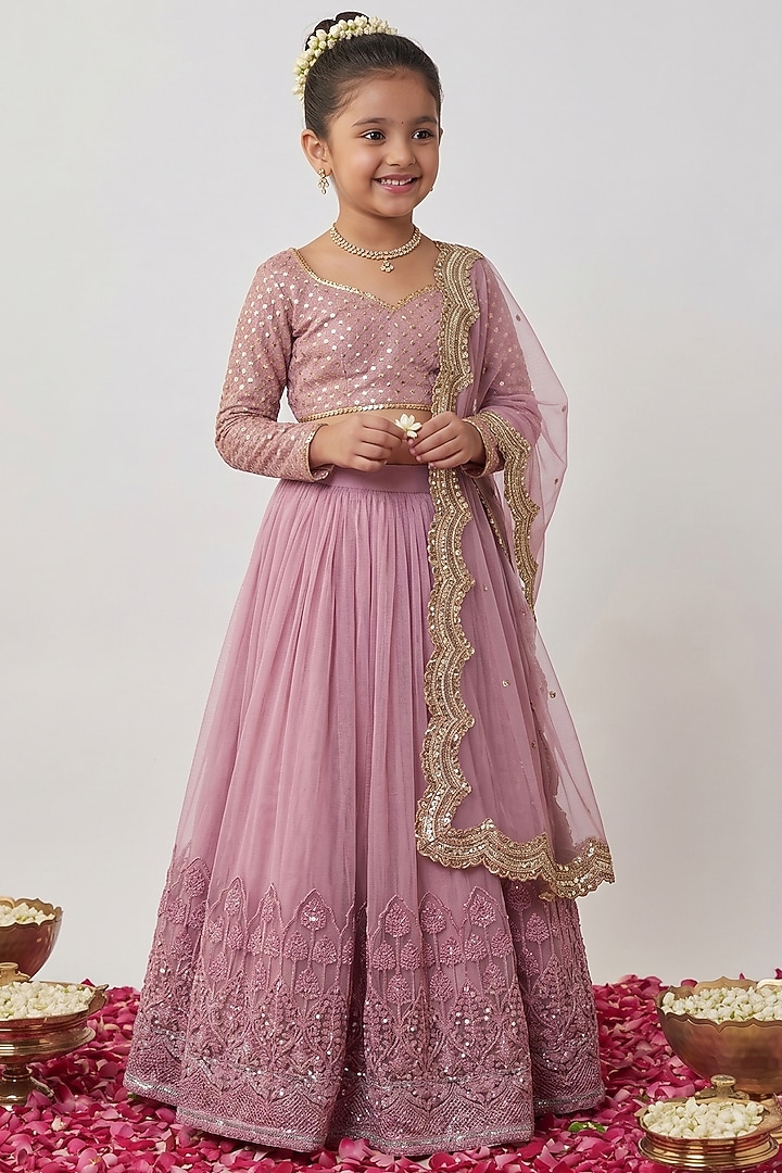 Mauve & Gold Soft Net Embroidered Lehenga Set For Girls by Starflower by Renee Label at Pernia's Pop Up Shop