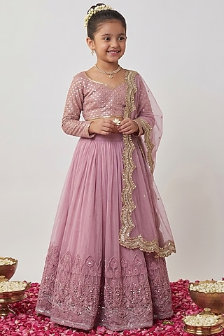 Mauve & Gold Soft Net Embroidered Lehenga Set For Girls by Starflower by Renee Label