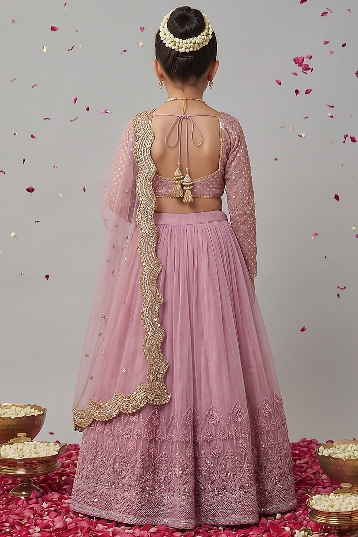 Mauve & Gold Soft Net Embroidered Lehenga Set For Girls by Starflower by Renee Label at Pernia's Pop Up Shop