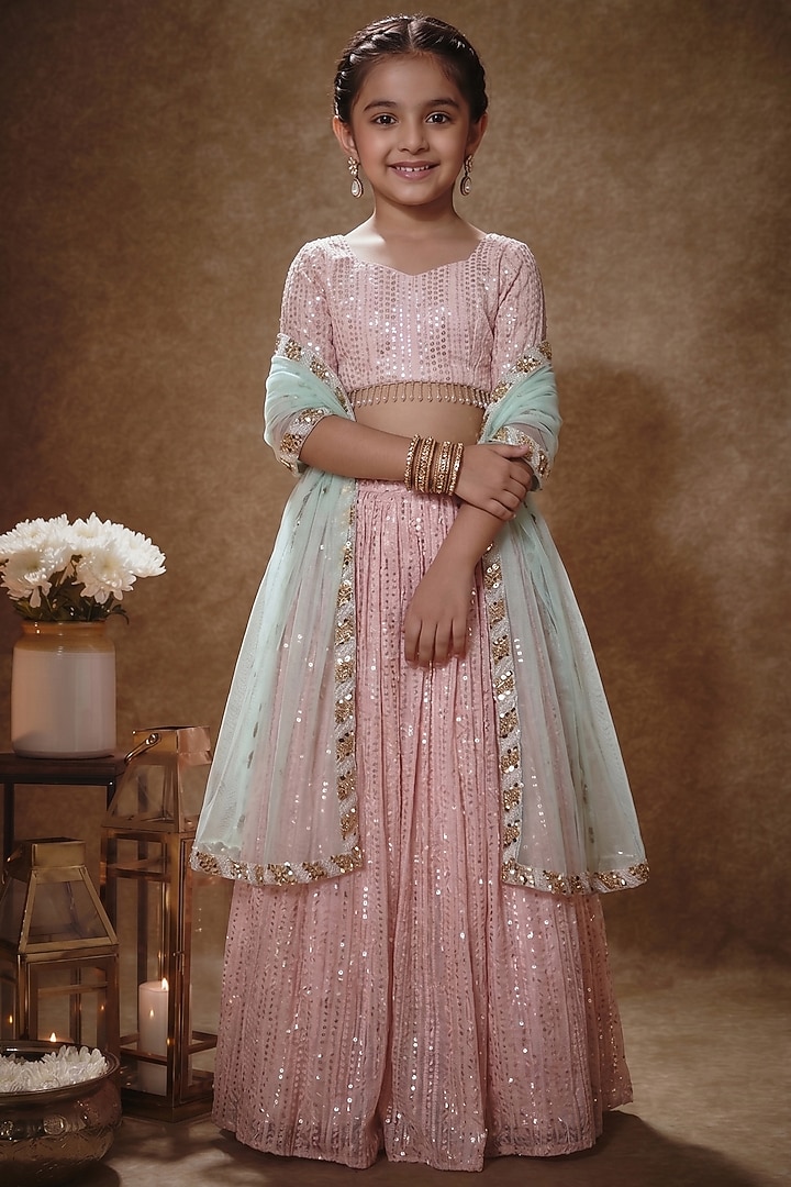 Blush Pink Viscose Georgette Thread Work Lehenga Set For Girls by Starflower by Renee Label at Pernia's Pop Up Shop