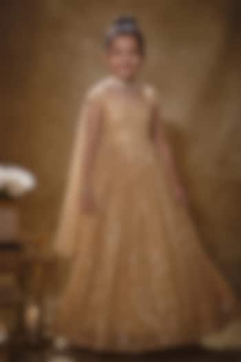 Rose Gold Viscose Georgette Embroidered Anarkali Set For Girls by Starflower by Renee Label at Pernia's Pop Up Shop