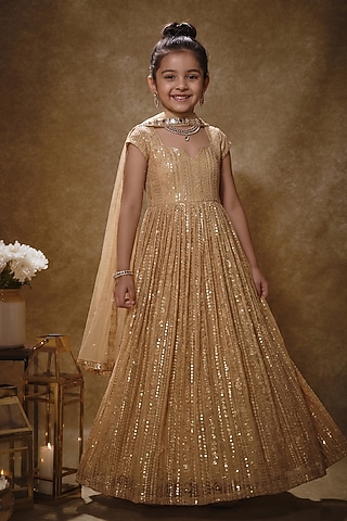 Rose Gold Viscose Georgette Embroidered Anarkali Set For Girls by Starflower by Renee Label