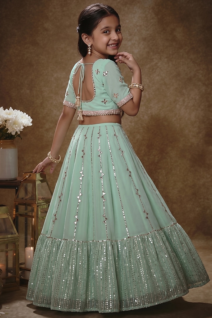 Mint Viscose Georgette Mirror Work Lehenga Set For Girls by Starflower by Renee Label at Pernia's Pop Up Shop
