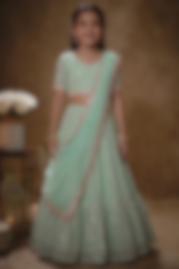 Mint Viscose Georgette Mirror Work Lehenga Set For Girls by Starflower by Renee Label at Pernia's Pop Up Shop