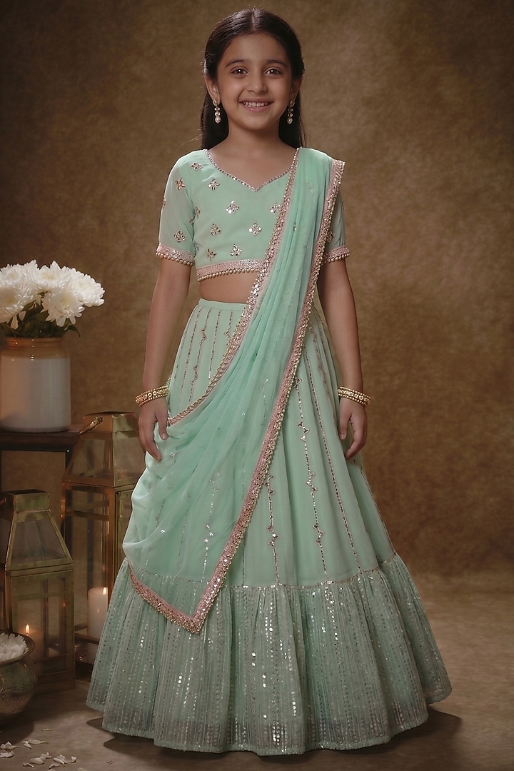 Mint Viscose Georgette Mirror Work Lehenga Set For Girls by Starflower by Renee Label at Pernia's Pop Up Shop