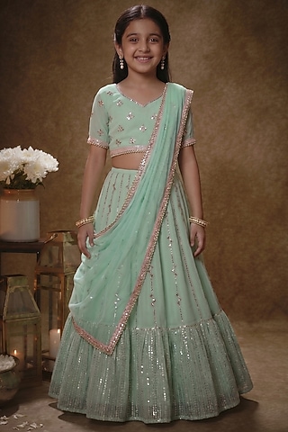 Mint Viscose Georgette Mirror Work Lehenga Set For Girls by Starflower by Renee Label
