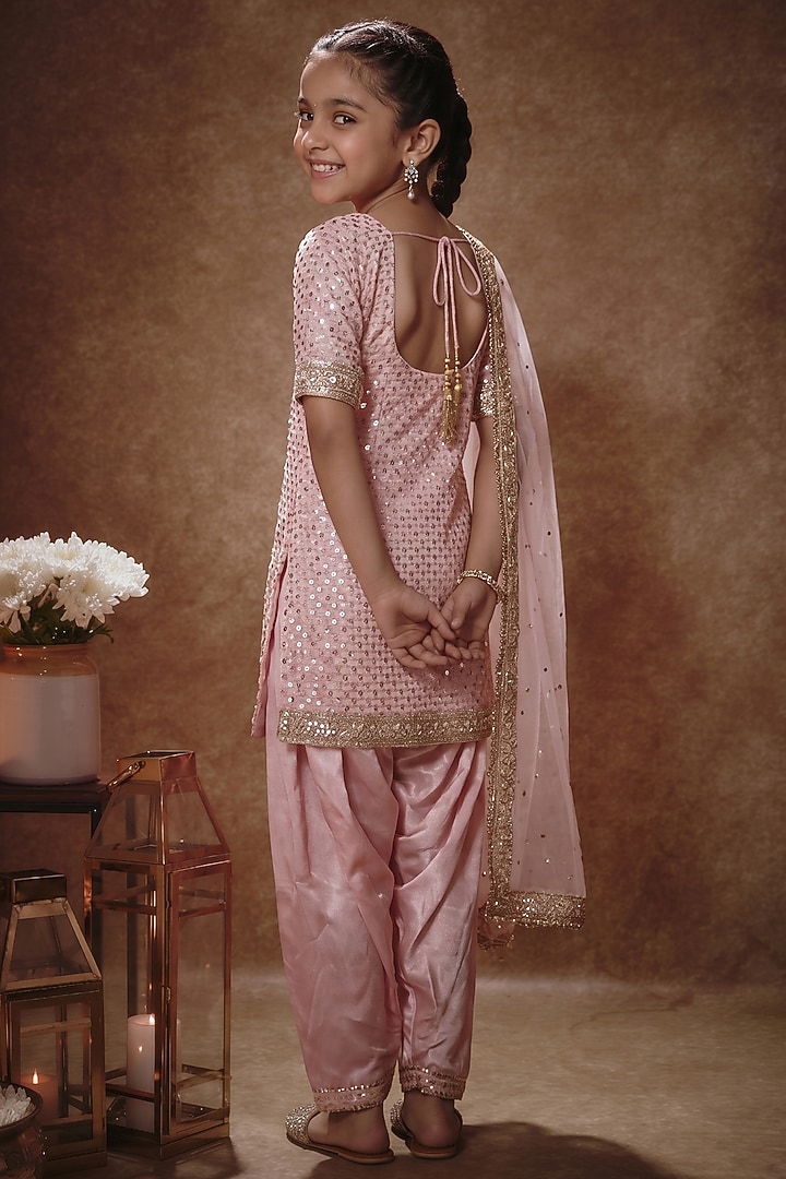 Blush Pink Viscose Georgette Sequins Embellished Kurta Set For Girls by Starflower by Renee Label at Pernia's Pop Up Shop