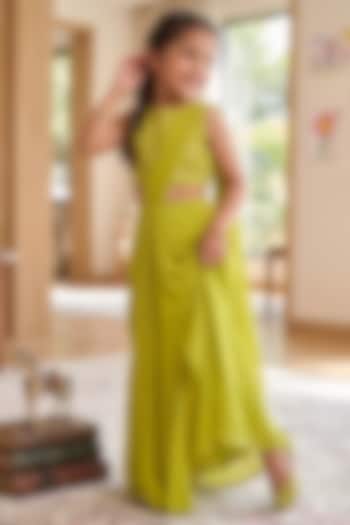 Green Viscose Georgette Embroidered Pre-Draped Saree Set For Girls by Starflower by Renee Label at Pernia's Pop Up Shop