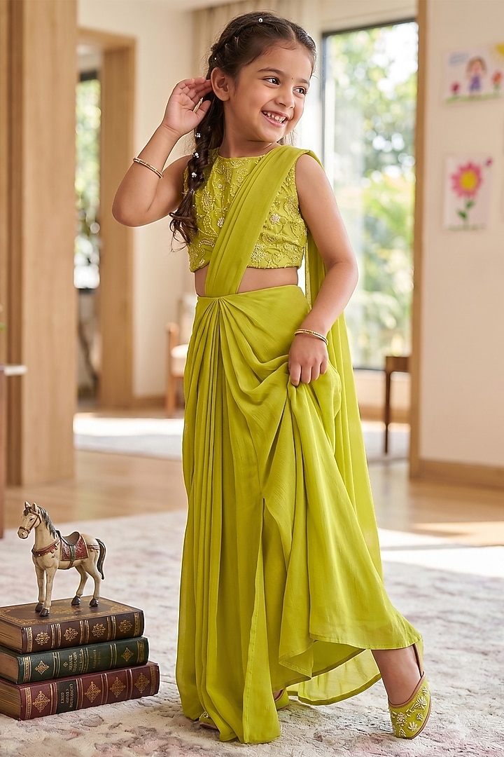 Green Viscose Georgette Embroidered Pre-Draped Saree Set For Girls by Starflower by Renee Label at Pernia's Pop Up Shop