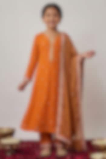 Saffron Orange Viscose Georgette Embroidered Kurta Set For Girls by Starflower by Renee Label at Pernia's Pop Up Shop