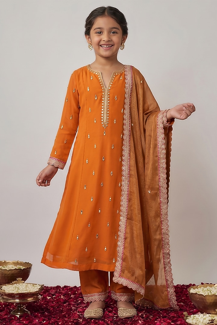 Saffron Orange Viscose Georgette Embroidered Kurta Set For Girls by Starflower by Renee Label at Pernia's Pop Up Shop