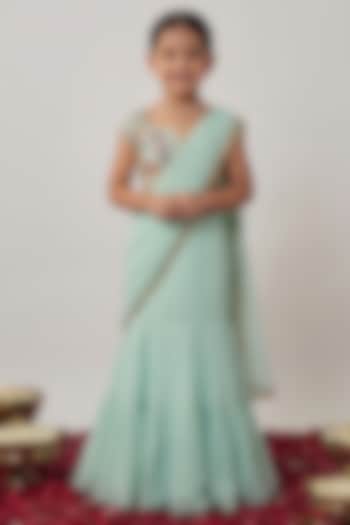 Mint Viscose Georgette Embroidered Lehenga Saree Set For Girls by Starflower by Renee Label at Pernia's Pop Up Shop