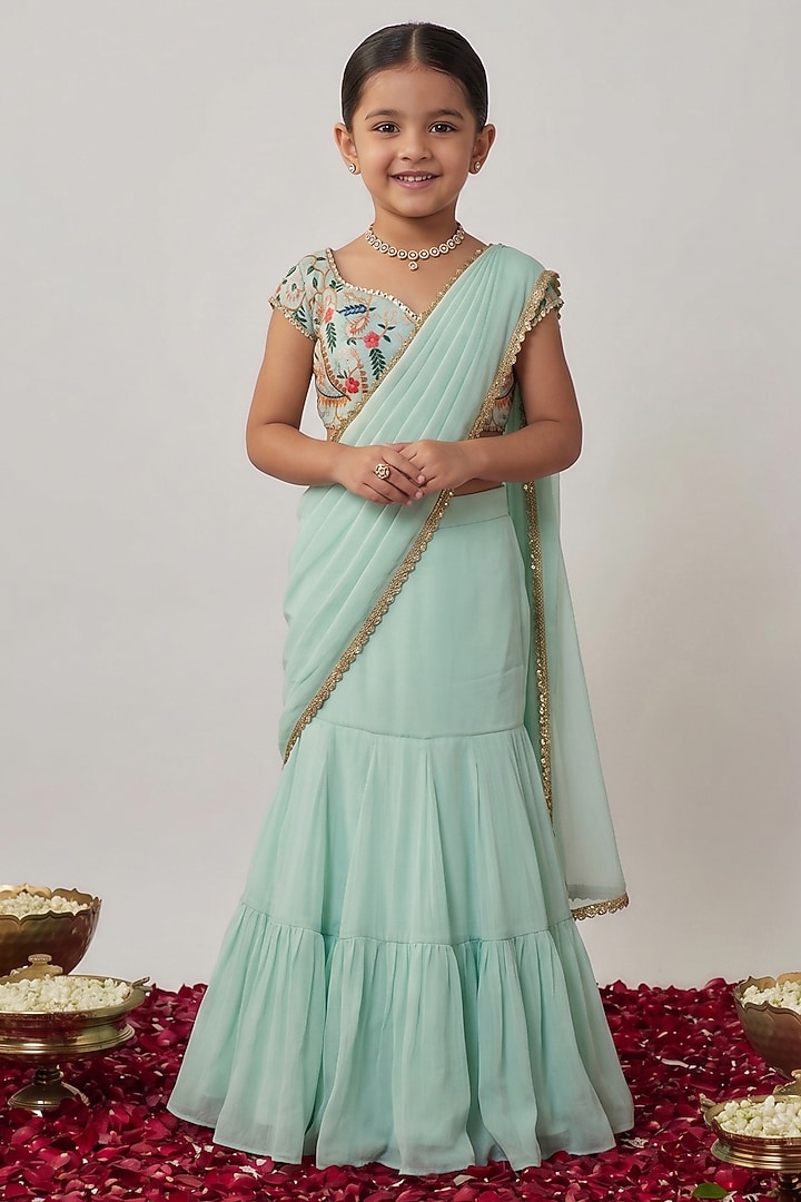 Mint Viscose Georgette Embroidered Lehenga Saree Set For Girls by Starflower by Renee Label at Pernia's Pop Up Shop