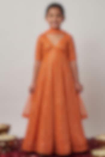 Saffron Orange Viscose Georgette Embroidered Anarkali Set For Girls by Starflower by Renee Label at Pernia's Pop Up Shop