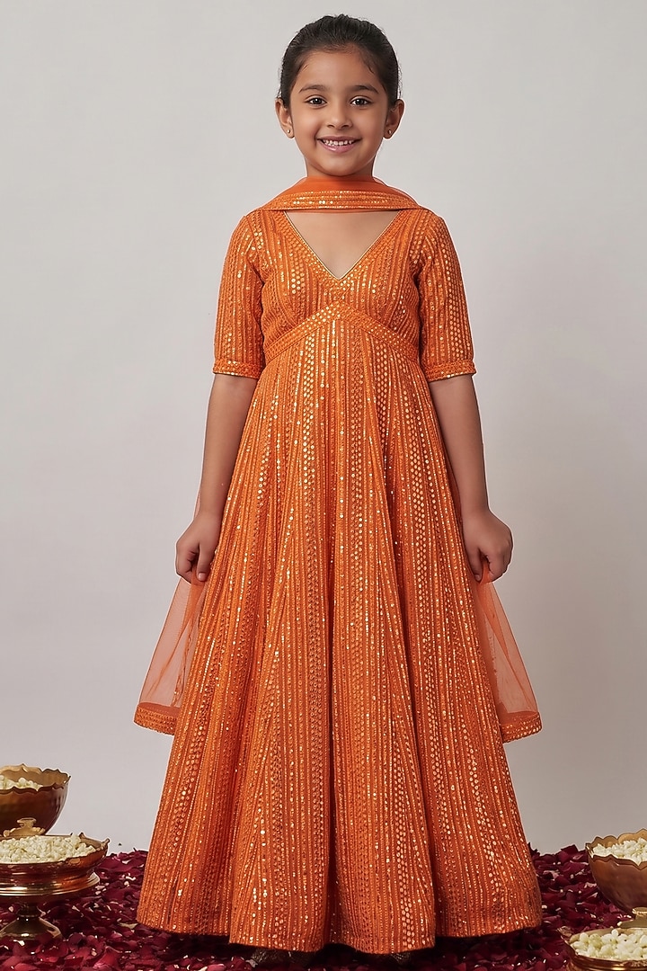 Saffron Orange Viscose Georgette Embroidered Anarkali Set For Girls by Starflower by Renee Label at Pernia's Pop Up Shop