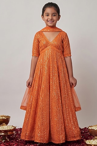 Saffron Orange Viscose Georgette Embroidered Anarkali Set For Girls by Starflower by Renee Label