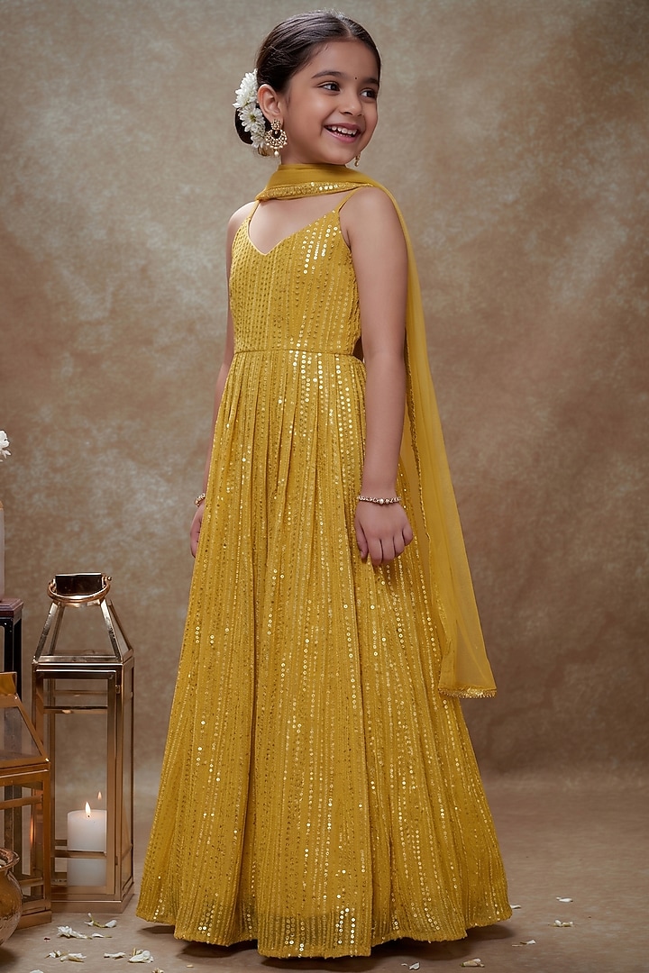 Haldi Yellow Viscose Georgette Embroidered Anarkali Set For Girls by Starflower by Renee Label at Pernia's Pop Up Shop