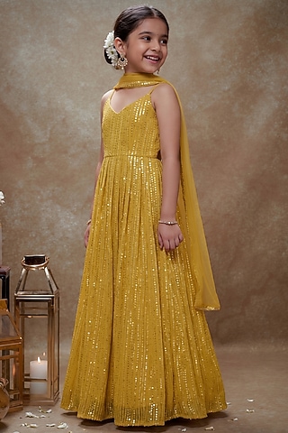 Haldi Yellow Viscose Georgette Embroidered Anarkali Set For Girls by Starflower by Renee Label