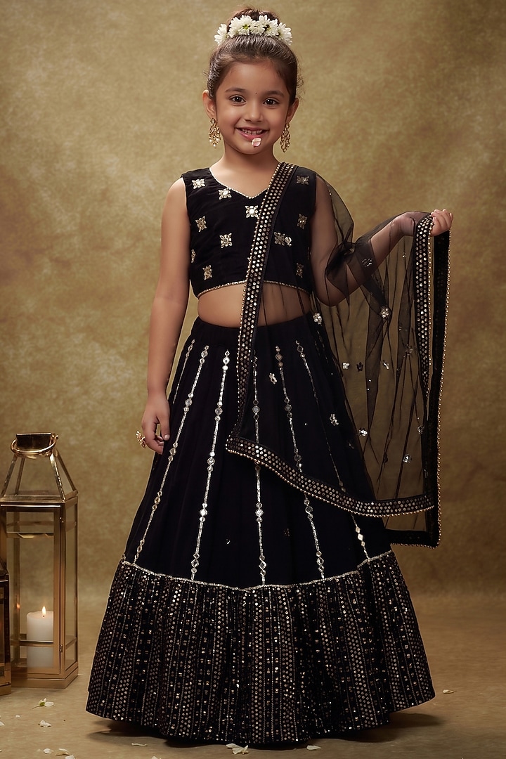 Black Viscose Georgette Embroidered Lehenga Set For Girls by Starflower by Renee Label at Pernia's Pop Up Shop