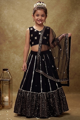Black Viscose Georgette Embroidered Lehenga Set For Girls by Starflower by Renee Label