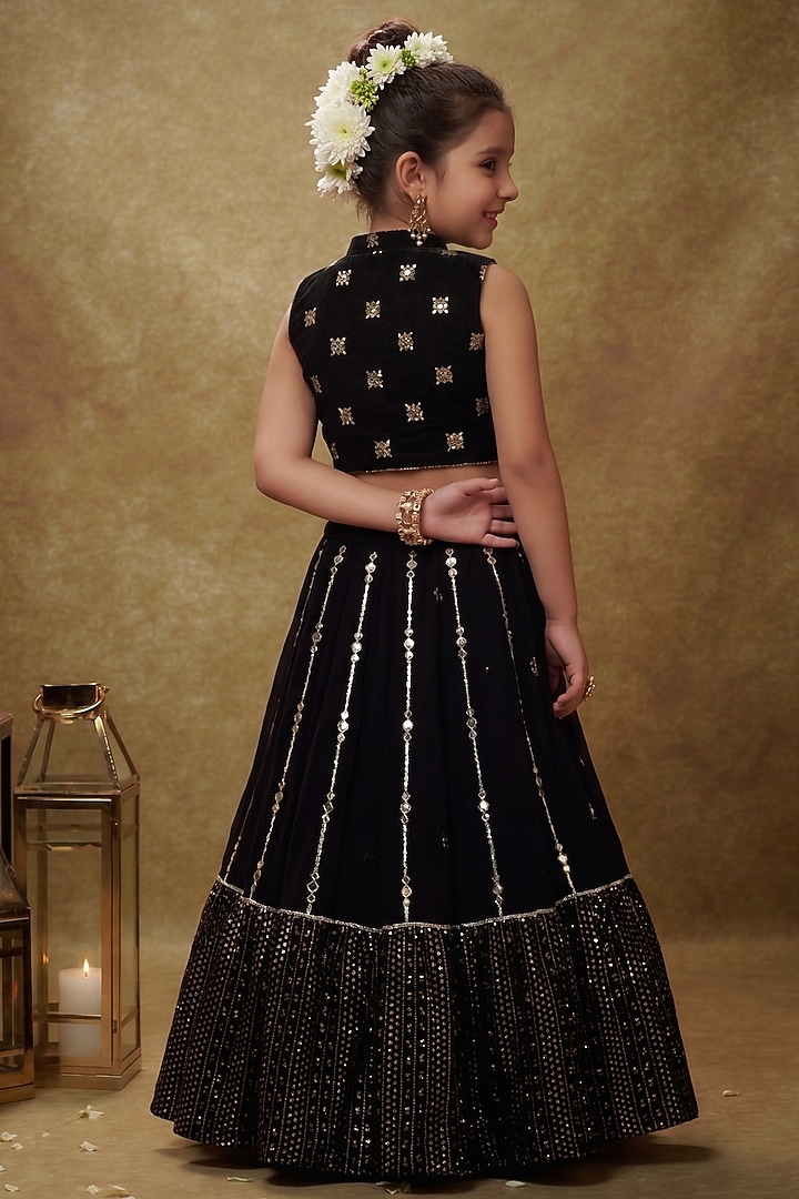 Black Viscose Georgette Embroidered Lehenga Set For Girls by Starflower by Renee Label at Pernia's Pop Up Shop