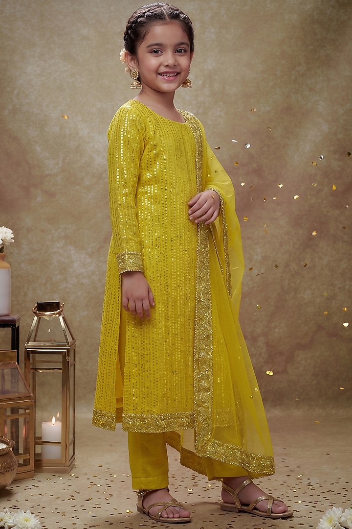Haldi Yellow Viscose Georgette Embroidered Kurta Set For Girls by Starflower by Renee Label at Pernia's Pop Up Shop