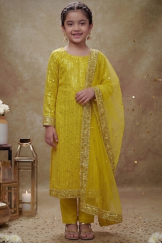 Haldi Yellow Viscose Georgette Embroidered Kurta Set For Girls by Starflower by Renee Label