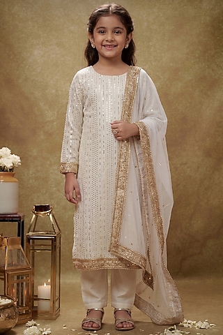 Ivory Viscose Georgette Embroidered Kurta Set For Girls by Starflower by Renee Label