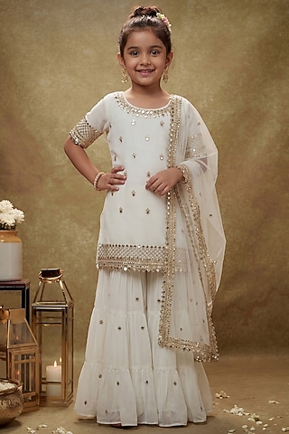 Ivory Viscose Georgette Tiered Sharara Set For Girls by Starflower by Renee Label