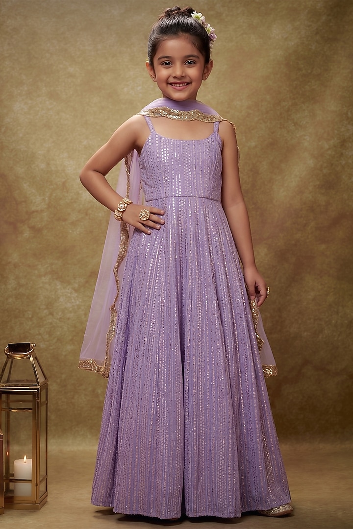 Lavender Viscose Georgette Thread Embroidered Anarkali Set For Girls by Starflower by Renee Label at Pernia's Pop Up Shop