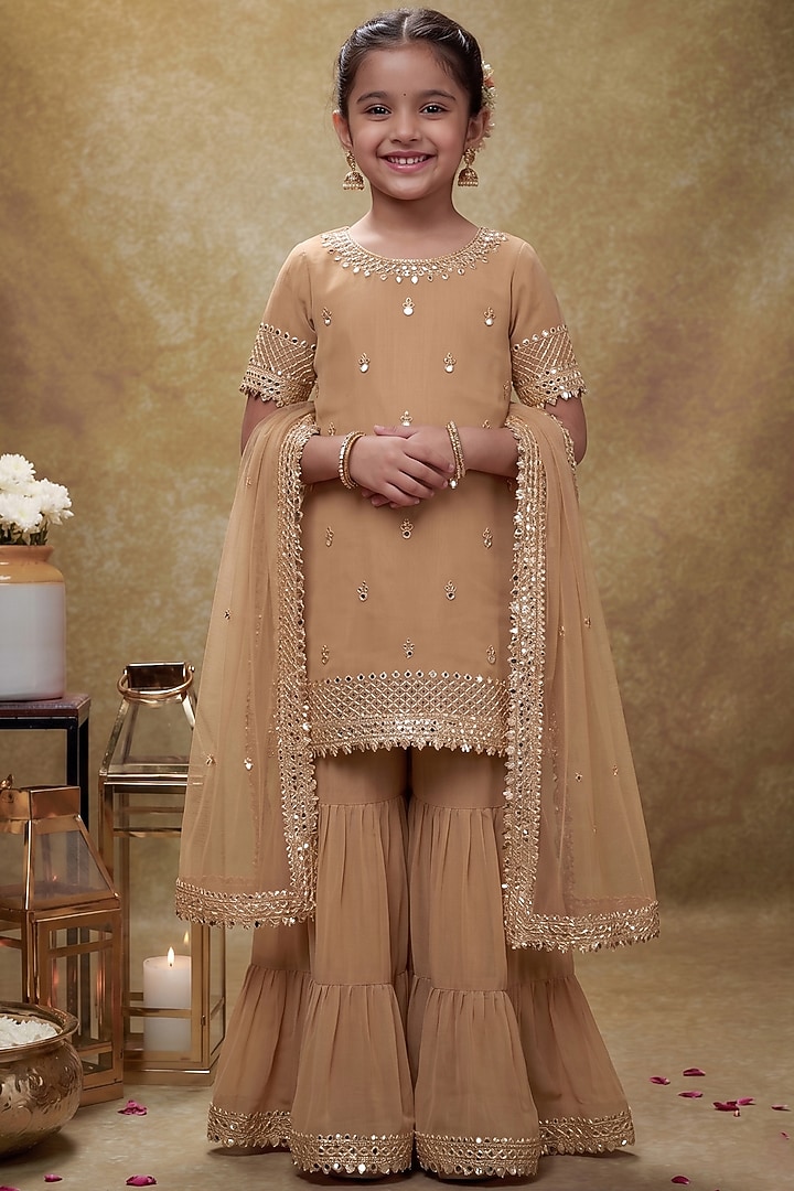 Beige Viscose Georgette Tiered Sharara Set For Girls by Starflower by Renee Label at Pernia's Pop Up Shop