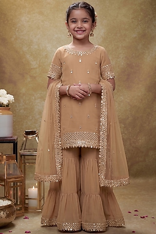 Beige Viscose Georgette Tiered Sharara Set For Girls by Starflower by Renee Label