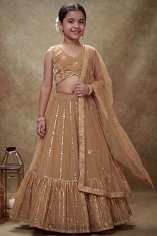 Beige Viscose Georgette Gota Embroidered Lehenga Set For Girls by Starflower by Renee Label