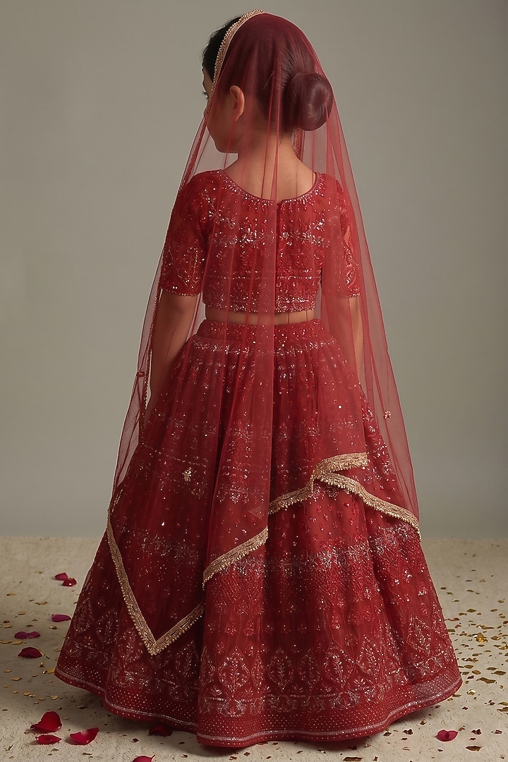 Ruby Red Net Thread Embroidered Lehenga Set For Girls by Starflower by Renee Label at Pernia's Pop Up Shop