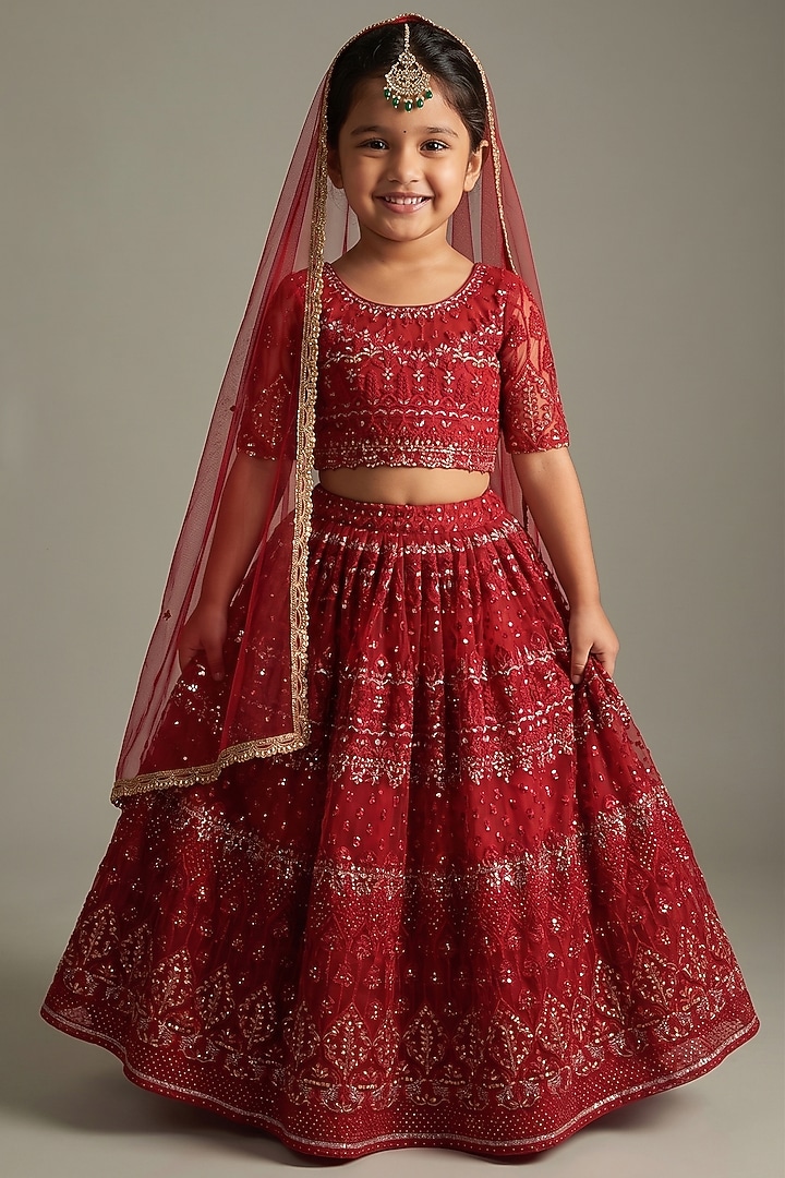 Ruby Red Net Thread Embroidered Lehenga Set For Girls by Starflower by Renee Label at Pernia's Pop Up Shop
